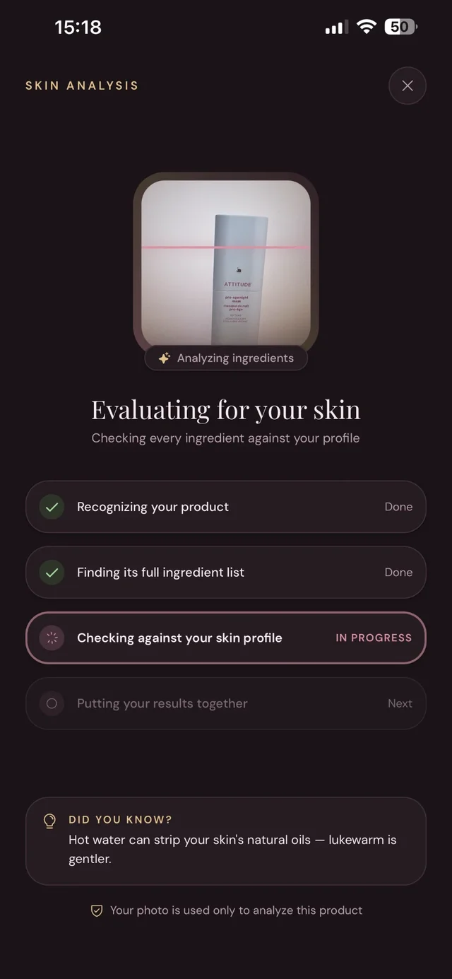 Mellune checking every ingredient against your skin profile