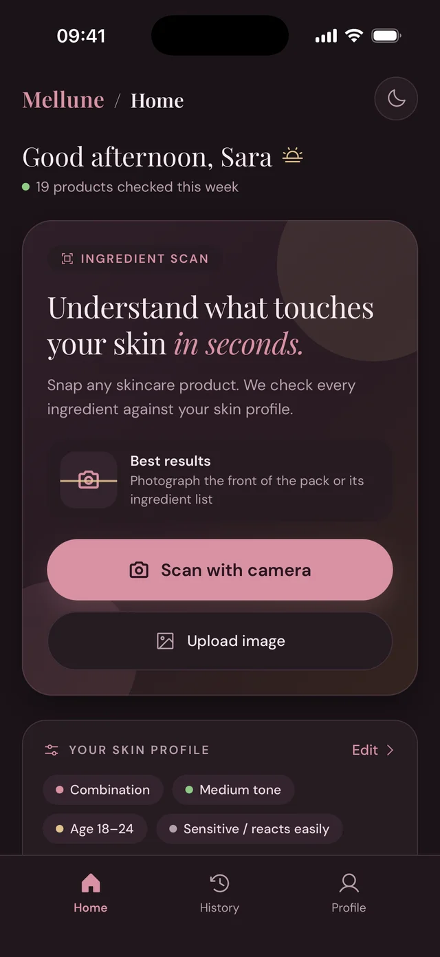 Mellune home screen with your skin profile